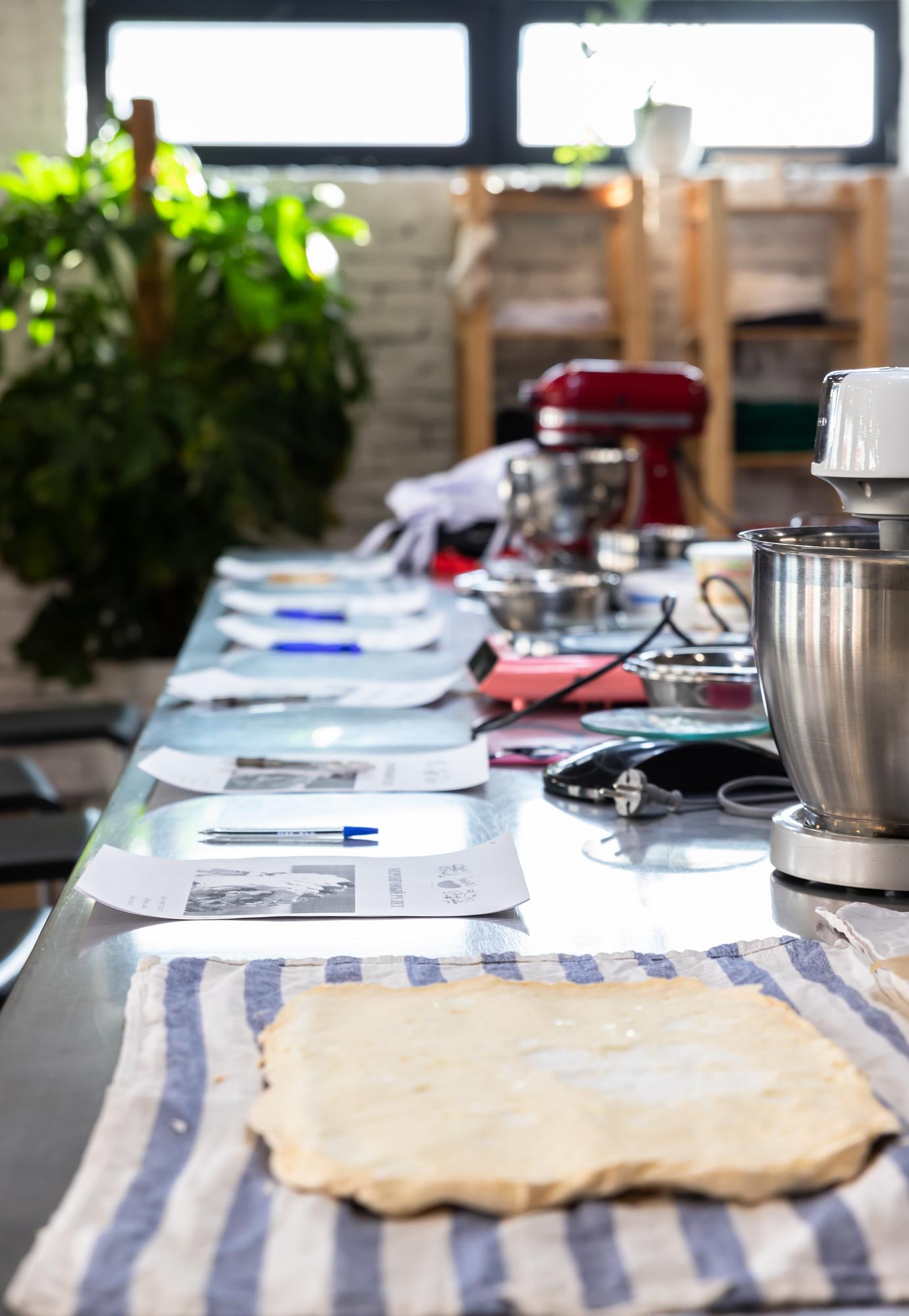 Workshop table with mise en place and tools