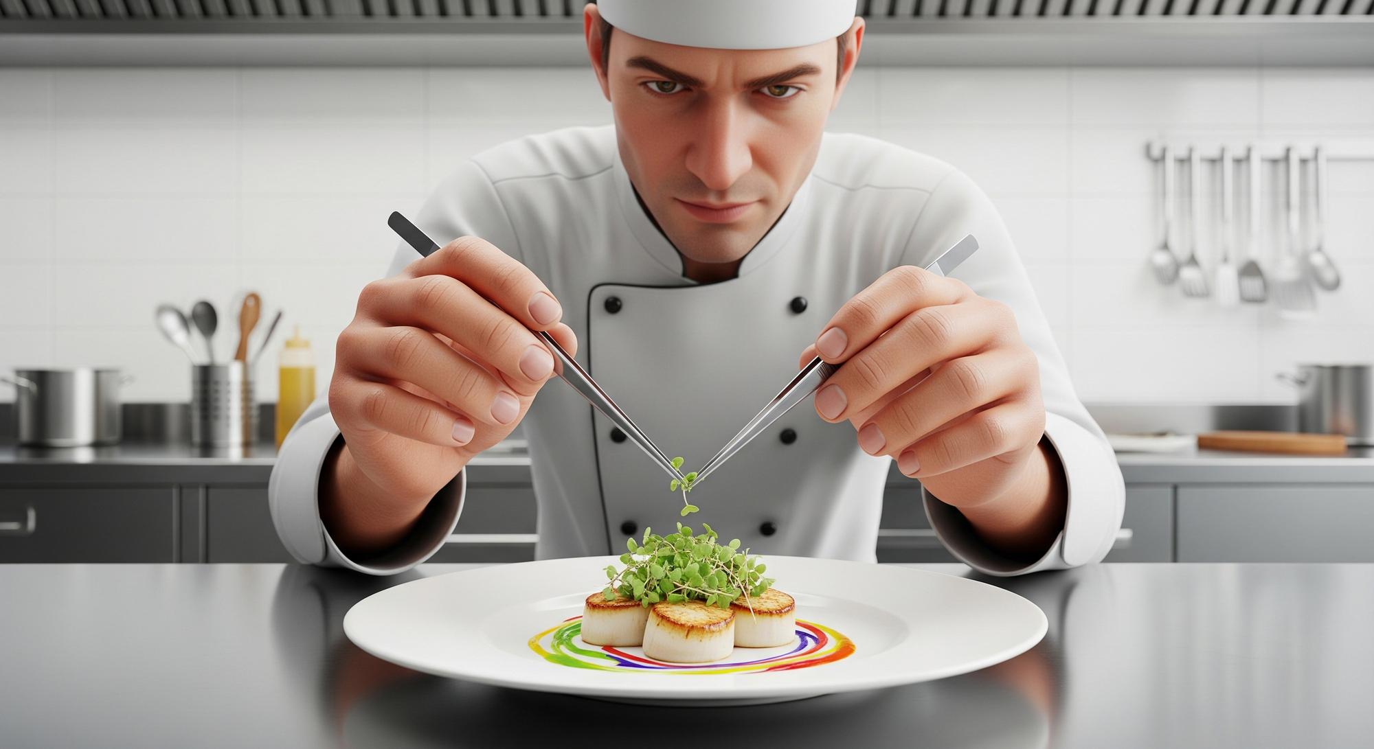Chef demonstrating plated modern dish in futuristic kitchen